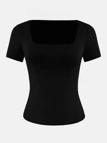 XLLAIS Women's Basic Solid Color Square Neck Short Sleeve Fitted T-Shirt, Black Casual Summer - Black - View 6