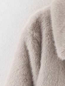 女士休闲短款仿毛领夹克，冬季保暖长袖外套，带口袋 - 米灰色 - 查看 4