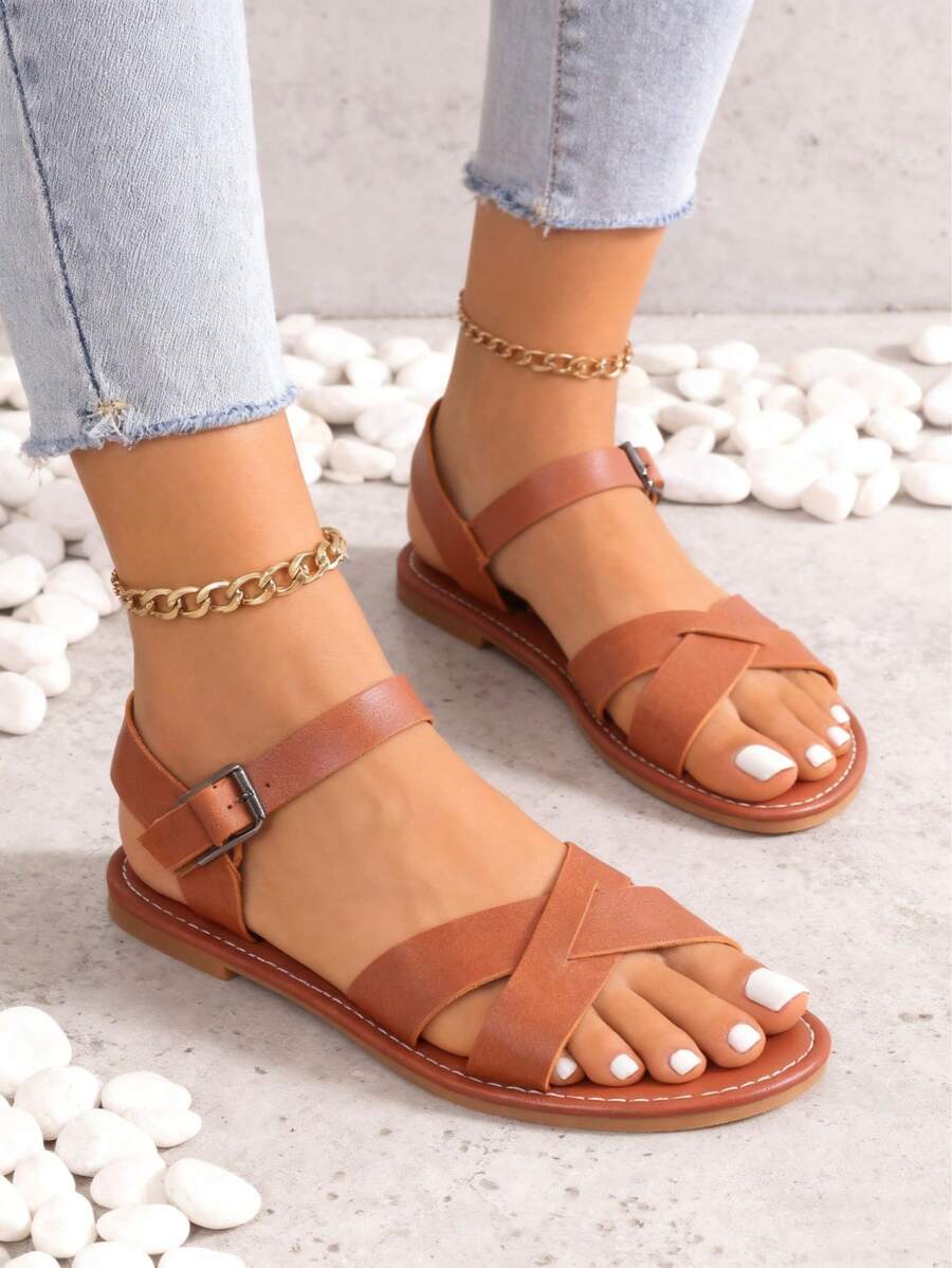 Retro Classic Brown Sandals Slip On | Cross Strap Flat Sandals For Comfort Walk & Daily Wear,Adjustable Buckle Sandals Women | Soft Sole Cross Strap Flat Sandals Wide Width Friendly Brown,Everyday Essential Brown Slide Sandals | Adjustable Ankle Strap Chunky Sole Flat Sandals,Boho Brown Sandals For Resort Wear | Criss Cross Adjustable Flat Sandals With Comfort Footbed,Minimalist Brown Sandals Women Premium | Easy Buckle Cross Strap Supportive Flat Sandals - 棕色 - 查看 1