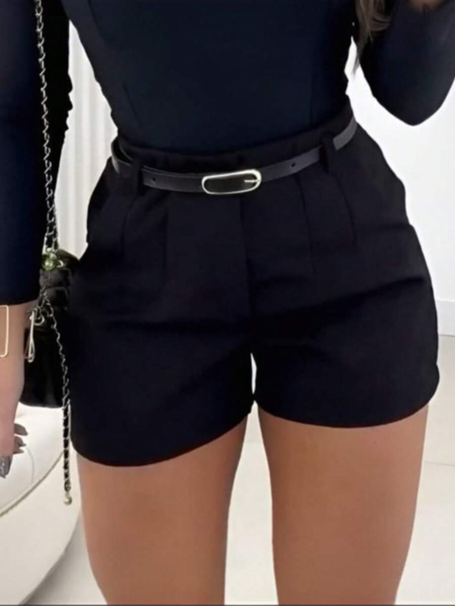 Women's Tailored Shorts With Belt And Side Zipper - Black - View 1