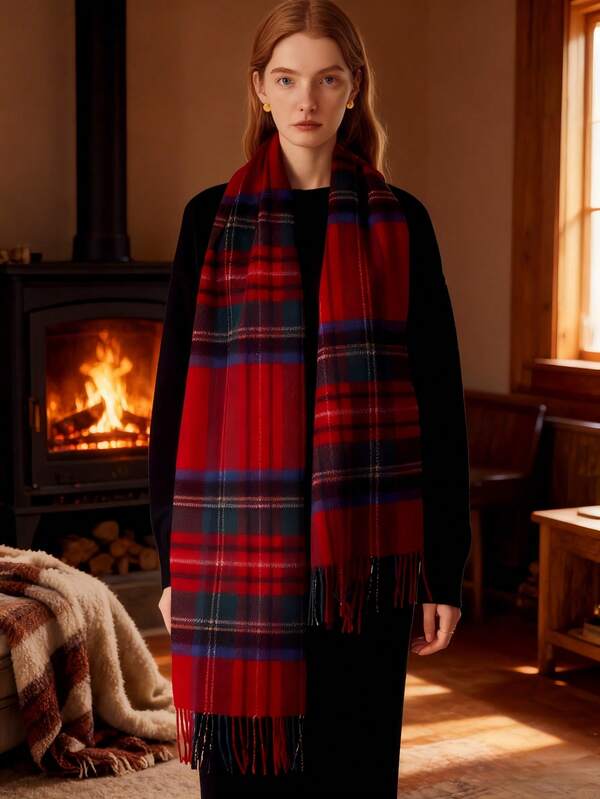 1pc Unisex Vintage Christmas Red Plaid Tassel Scarf, Warm Accessory For Autumn/Winter, Classic Plaid With Lively Tassels, Fashionable And Versatile, Hot-Selling Cross-Border Item! Faux Cashmere Neck Warmer, Fashionable High-End Accessory, Classic Plaid Shawl Suitable For Outings, Travel, Gifts, Group Buying, Commuting, Outdoor Use