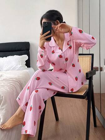 Randigt jordgubbsmönstrat pyjamasset, sött och gulligt slagknäppt långärmat topp och långa byxor, damsovkläder för hemmabruk, höst/vinter
