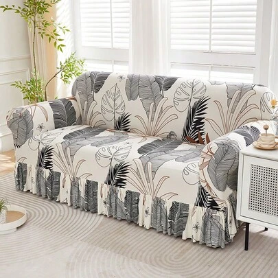 1 件弹力灰色和白色荷叶边沙发套，防尘沙发套，适合 1/2/3/4 座，柔软面料，适合客厅、卧室、书房