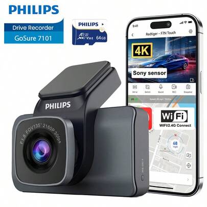  Dash Camera Front, 4K Full HD Dash Camera For Cars, Included Philips High-Speed 64GB Card, Built-In Wi-Fi GPS, 3.5*3.3" IPS Screen, Night Vision, 135°Wide Angle, Night Vision, Parking Mode