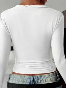 Mystra Solid Color Fashionable Versatile Casual Comfortable V-Neck Criss-Cross Sexy Long Sleeve T-Shirt Top For Women - White - View 8