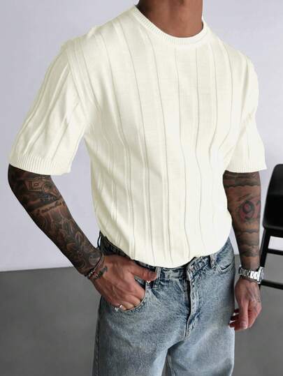 ANDREILEE Men's New Casual Loose Solid Color Ribbed Vertical Striped Korean Style Versatile Basic Crew Neck Short Sleeve T-Shirt Knit Top, Spring/Summer