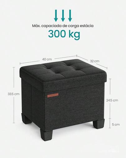 Taburete de almacenamiento, con reposapiés, adecuado para sala de estar, dormitorio, negro azabache, 32 x 40 x 33.5 cm