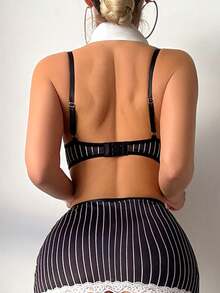 6pcs Set: Sexy Striped Lace Bodycon Dress With Garter Belt, Tie, And Fishnet Stockings - Black and White - View 2