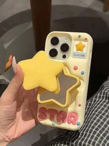 Valentines Cute Cartoon Flip Mirror Vintage Phone Compatible With 15, Compatible With 14/13 Pro/12/11, Silicone Material, Internal Mirror (Please Remove Protective Film Before Use) Waterproof Shockproof Anti-Fall Scratch Resistant - 黃色 - 查看 3