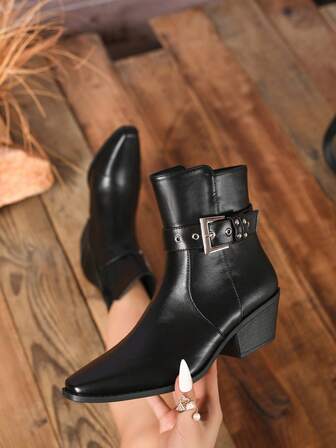 Botas negras de media pantorrilla de moda para mujer, botas cortas con tacón grueso para otoño/invierno, botas casuales de vacaciones de oficina con hebilla de metal y decoración, cremallera lateral, punta cuadrada y tacón grueso, botas de invierno cómodas para el trayecto, botas nude de estilo occidental para fiestas y vacaciones