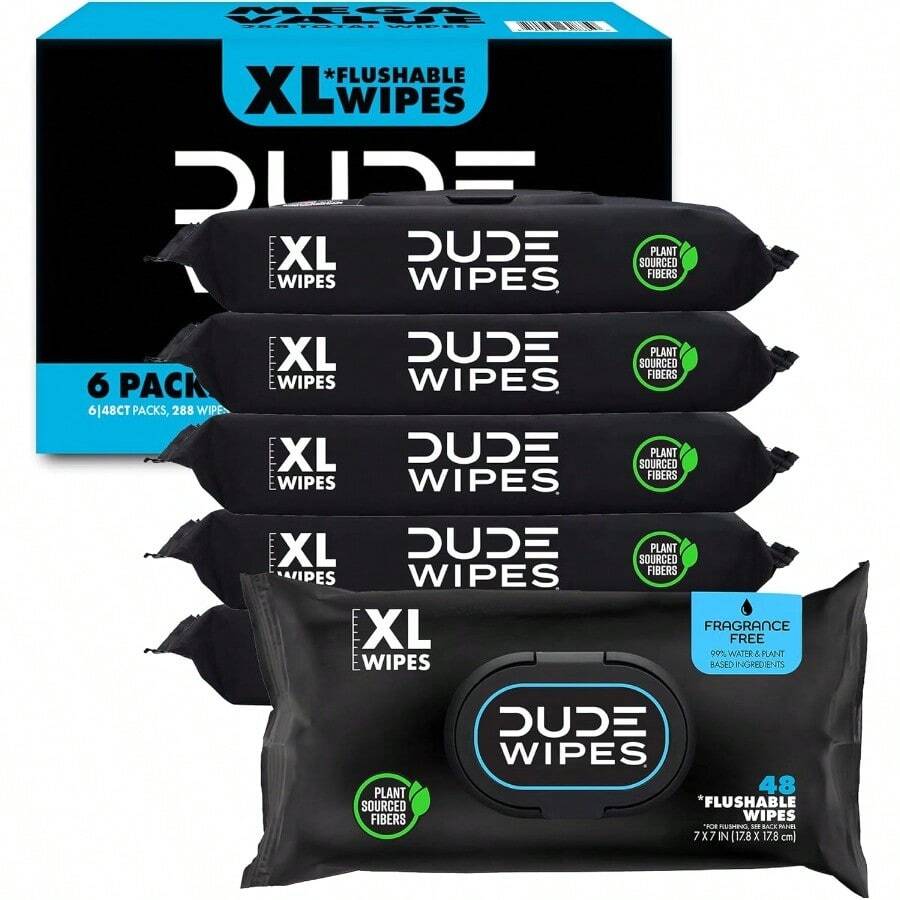 AFRT Dude Wipes - Flushable Wipes Unscented - 6 Pack 288 Count - Extra Large - Flushable - Vitamin-E And Aloe - Septic And Sewer - như hình ảnh - Xem 1