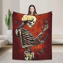 Cozy Halloween Theme  "Skeleton  Red Background  Raising Hands  Rib Cage  Skull  Curved Fingers"  Patterns Flannel Blanket, Soft Warm Cozy Colour Friendly Machine Washable, For Sofa Bed Camping Office Home Decor, Multipurpose Gift For All Seasons - 白色 - 查看 1