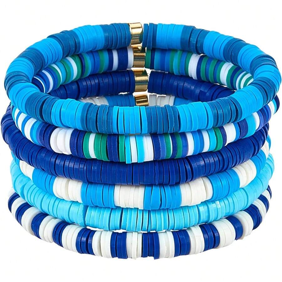 Heishi Surfer Bracelets Rainbow Stackable Viny Clay Beaded Stretch Bracelets Elastic Disc Preppy Friendship Bracelets Set Boho Summer Beach Jewelry For Women - Màu xanh lam - Xem 1