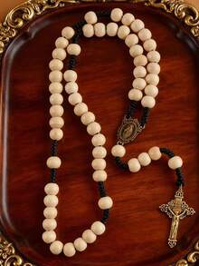 GO2CJBEADS 1 pieza Rosario vintage católico joyería 59 piezas cuentas de madera de 10mm collar con cruz, collar artesanal de cadena de suéter con cruz de madera católica colgante para hombres