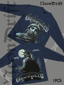 NeonDrift Double-Sided Printing Happy New Year 2026, Christmas, Thanksgiving Gifts-Statue Graphic Long Sleeve T-Shirt: Cyberpunk Style Design For Tech Enthusiasts - Unique Artwork,  Fashion, Perfect For Festivals And Events - Màu xanh hải quân - Xem 1