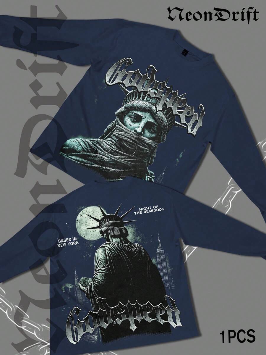 NeonDrift Double-Sided Printing Happy New Year 2026, Christmas, Thanksgiving Gifts-Statue Graphic Long Sleeve T-Shirt: Cyberpunk Style Design For Tech Enthusiasts - Unique Artwork, Fashion, Perfect For Festivals And Events - Màu xanh hải quân - Xem 1