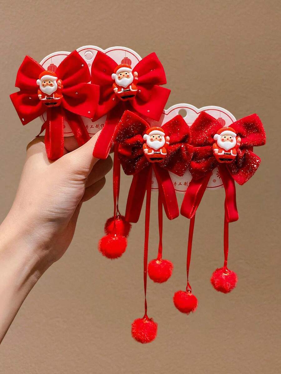 2/4个装女孩红色蝴蝶结吊坠发夹，适合作为圣诞节和新年礼物送给女孩