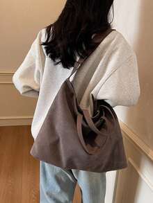 Large Capacity Green Canvas Tote Bag, Minimalist Japanese Style, Suitable For Commuting, Shoulder Strap, Casual, Versatile, Fits Daily Use, Office, School, Shopping, Suitable For Women, College Students, Young Professionals - Coffee Brown - View 6