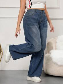 Blue Vintage Denim Pocket Plus-Size Wide-Leg Boyfriend Jeans Casual Outfit For Women High-Waisted Straight Long Pants For Summer