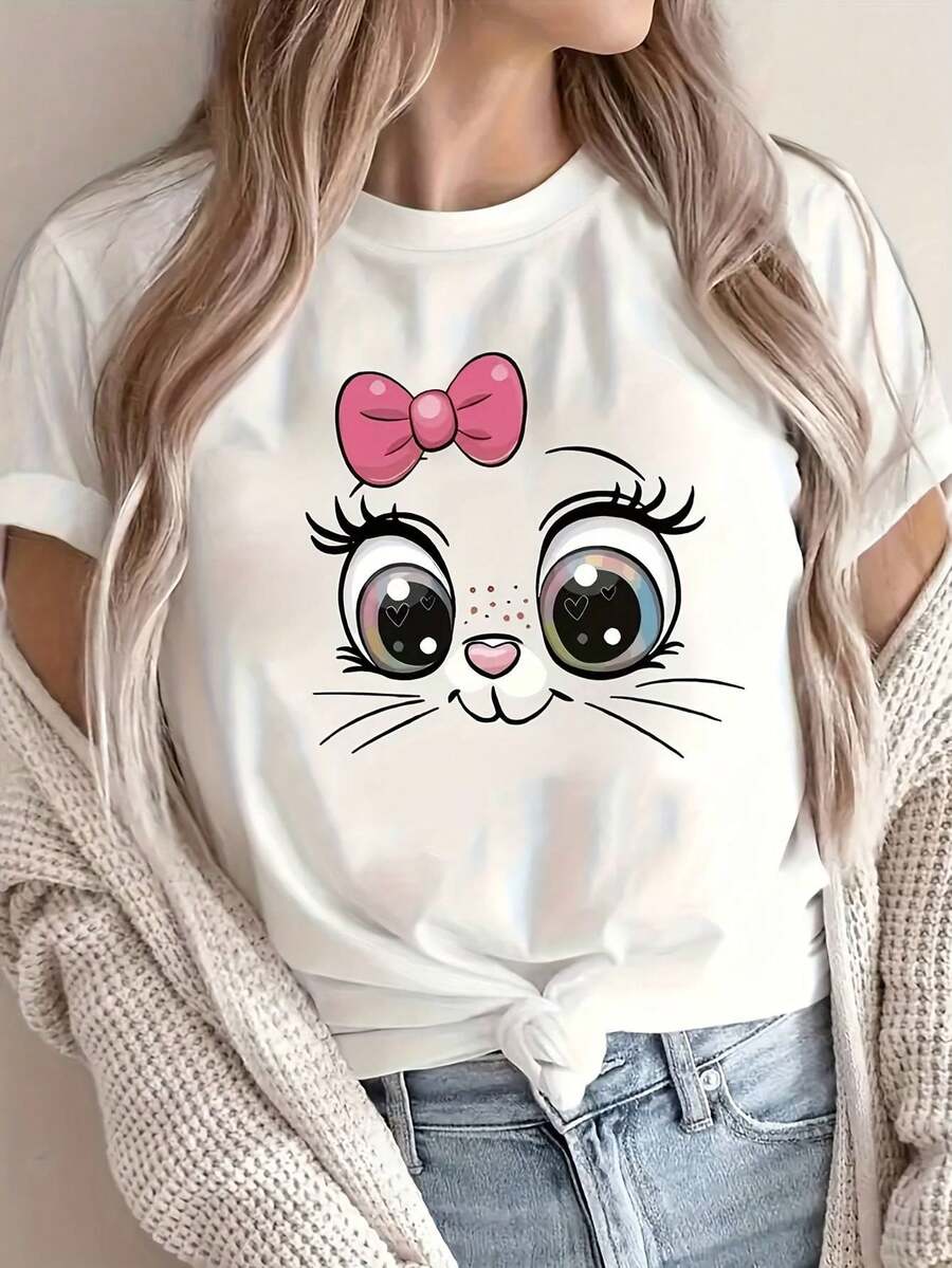 Camiseta de Mujer con Estampado de Conejito Tierno, Cuello Redondo y Manga Corta en 100% algodón Suave, Diseño de Conejo Lindo, Blanco, Lavable a Máquina, Ideal para Atuendos Informales
