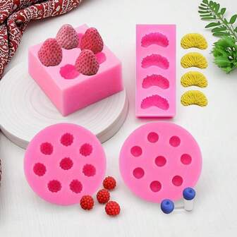 4 件水果形硅胶模具，用于手工粘土，3D 草莓、橙子、覆盆子和蓝莓形硅胶模具，用于树脂、蜡熔化