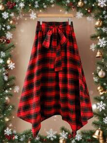 2025 Autumn/Winter Christmas Plaid Asymmetrical/Irregular Belt Midi Skirt