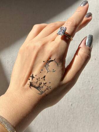 1张梦幻月亮皇冠彩色纹身贴纸，带有皇冠和星星元素，韩式风格，Y2K，Kpop，防水持久