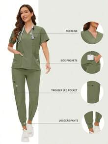 Surgical Uniforms Woman Scrub Set Nurse Beauty Salon Workwear Clinical Scrubs Top Pants Sets Spa Doctor Nursing Clinical Suit - 橄欖綠 - 查看 2