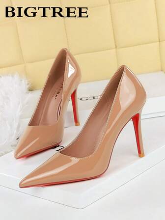 Zapatos de tacón de aguja de charol brillante con punta fina y minimalistas de moda, zapatos de vestir para mujer