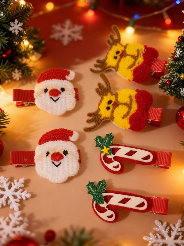 قطعتان من مشابك الشعر الجميلة للنساء بتصميم بابا نويل والرنة وقضيب الحلوى، اكسسوارات شعر لديكور الحفلات