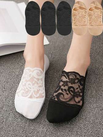 1/5 Paar Damen Spitze Unsichtbare Transparente Sommer Kein-Zeigen Knöchel Kurz Niedrig Geschnittenes Set Silikon Rutschfeste Bootsocken Weihnachtsgeschenk