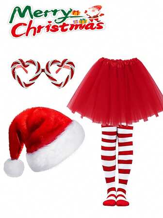 Conjunto de 4 piezas de disfraz navideño - Gorro de terciopelo estilo Haipai, gafas con corazón de caramelo, falda plisada de ballet y calcetines a rayas, adecuado para usar como disfraces de personajes navideños, eventos de celebración de Año Nuevo, actuaciones en el escenario y otras ocasiones festivas.