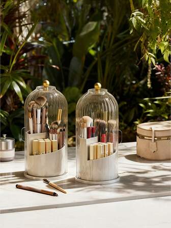 BeautyShelf Luxury Cylindrical Makeup Brush Storage Container - Transparent Glass+Gold Knob+Marble Base, Dust-Proof/Moisture-Resistant/Germ-Protection/Organization/Display For Makeup Artists/Beauty Lovers/Teen Girls, Vanity Table/Bathroom/Bedroom, Christmas/Valentine's Day/Winter, Gifts For Wife/Best Friend/Girlfriend, Elegant Design