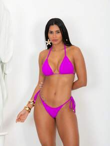 Kit 2 Conjuntos de Bíquini Cortininha de Amarração Com Bojo Conforto E Qualidade Praia Verão Natal - Azul Royal e Fúcsia - Visão 2