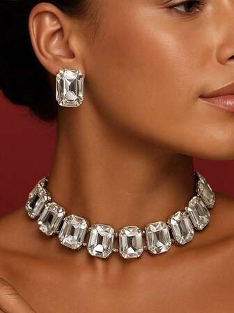 新娘首饰套装，欧美风格水晶长方形项链和耳环，婚纱配饰