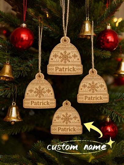 1PC Winter-Hat Ornament Lase – Custom Name Tag, Wooden Christmas Tree Gift, Holiday Craft Keepsake, Perfect For Christmas Eve, Winter Birthday, House-Warming, Classroom Exchange, Rustic Mantel, Family Craft Night & Stocking Stuffer