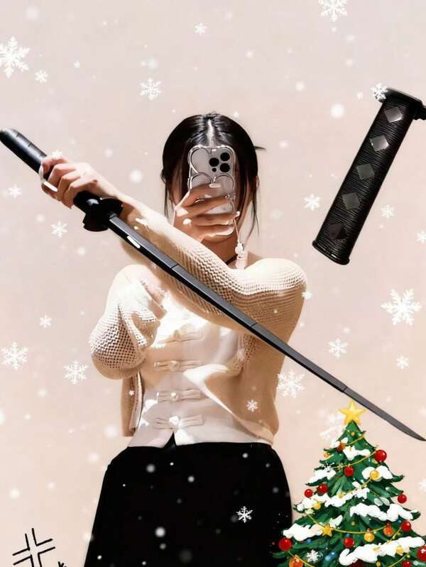 1pc Telescopic Plastic 3D Printed Gravity-Throwing Samurai Sword/Blade, With Wood Grain, Stress-Relieving Toy For Halloween And Christmas