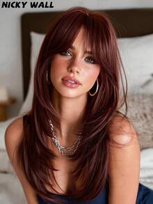 Elegant-24 Inch Layered Raspberry Red Wigs For Women,Long Straight Wigs With Curtain Bangs, High Density Fluffy Synthetic Heat Resistant Fiber Hair Wig For Daily Party Wear, Music Festival Party Use - 酒紅色 - 查看 1