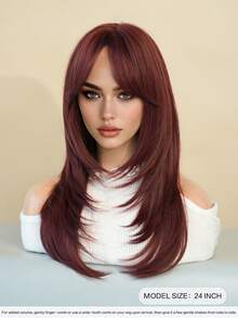 Elegant-24 Inch Layered Raspberry Red Wigs For Women,Long Straight Wigs With Curtain Bangs, High Density Fluffy Synthetic Heat Resistant Fiber Hair Wig For Daily Party Wear, Music Festival Party Use - 酒紅色 - 查看 3