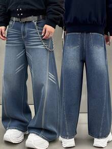 Vintage Men's Jeans, Versatile High-End Youthful Street Style Casual Washed Denim Unique Pocket Design Loose Straight Leg Pants, Suitable For All Seasons