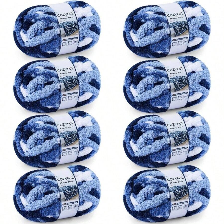 Chunky Yarn Hand Knitting - #10 Chunky Chenille Blanket Yarn, Jumbo Big Thick Chunky Yarns Crocheting, Tie Dye Bulky Knit Yarns, 8 Skein 25 Yds 8 Oz Each Skein SageKhaki - 8 件裝 + 多色藍白 - 查看 1