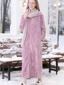 1pc Women And Men's Long Zip Up Robe Fleece Bathrobe Long Zipper Lounger Warm Housecoat Long Sleeve Nightgown With Pockets, Comfortable Flannel, A Must-Have For Halloween And Christmas, Nightgown, Warm And Cold-Proof,Flannel Warm Design, A Must-Have Warm Suit For Autumn And Winter - Nhiều màu - Xem 2