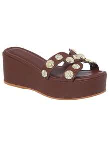 Tamanco Feminino Plataforma Anabela Slide H com Tachas Metal Aplicações - Café - Visão 2