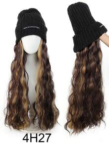 时尚百搭的女士长卷波浪耐热合成假发，蓬松针织帽假发套装，适合日常佩戴 - 彩色 - 查看 11