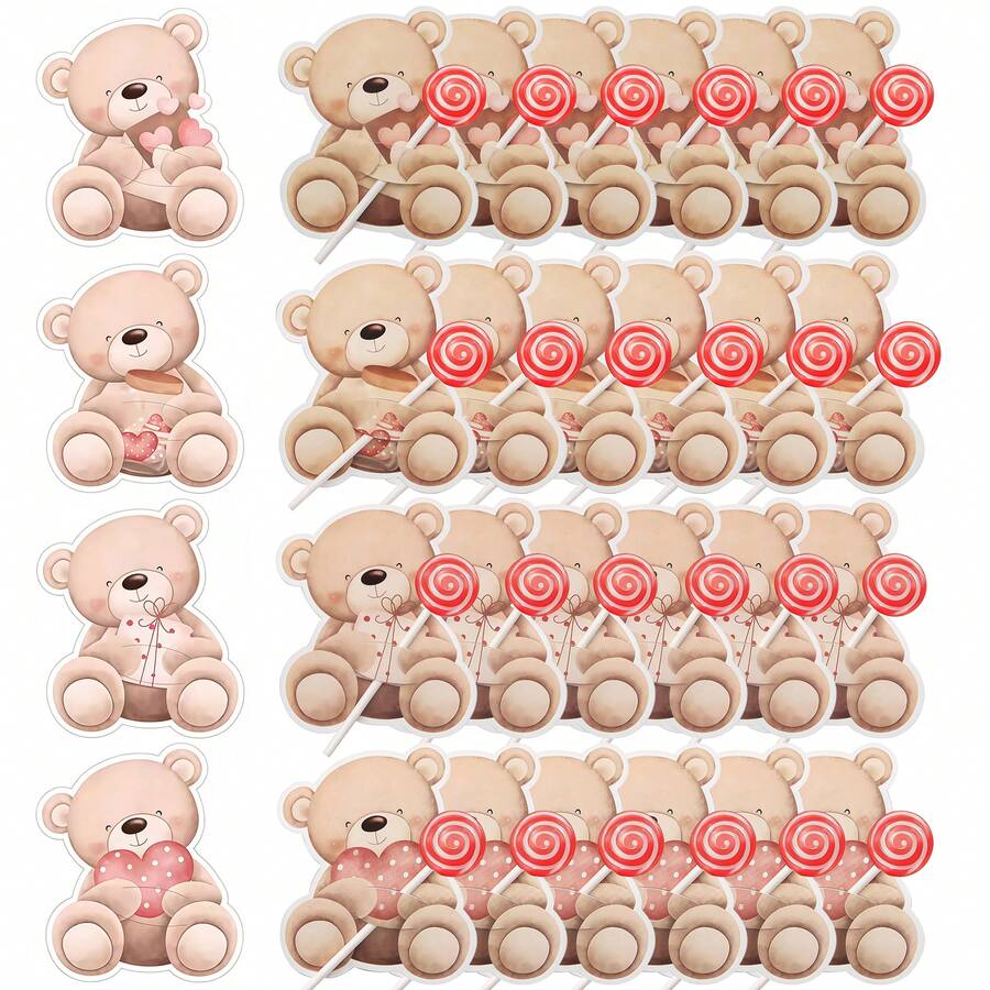 16pcs/32pcs/40pcs/80pcs Bear Lollipop Holder Cards Set - Cute Bear Candy Wrappers ForBirthday Party & BabyShower Supplies - Multicolor - View 1
