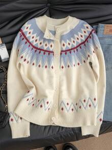 圣诞节、新年和万圣节氛围女士秋冬毛衣开衫，新款复古费尔岛提花圆领针织套头衫，撞色开襟衫，适合外出、休闲、度假、雪天、派对等场合。 - 杏色 - 查看 6