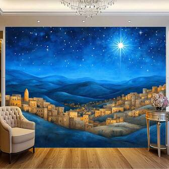 1 pieza de tela de fondo fotográfico plano 2D, escena navideña de noche estrellada - Material de tela resistente con pueblo de Belén, colinas iluminadas y cielo estrellado - Adecuado para Navidad, actividades religiosas y fotografía de invierno - Sin suministro eléctrico, decoración navideña, plano 2D