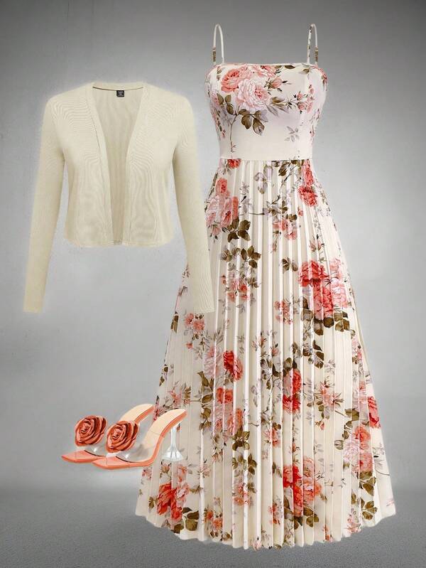 Women Elegant Floral Print Pleated Waist Dress With Knit Cardigan Suit, Suitable For Date, Valentine's Day, Casual Holiday