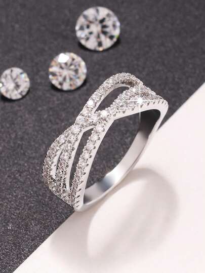 1pc Elegant & Fashionable Full Rhinestone Sparkling Copper Zirconia Ring For Women, Suitable For Wedding, Engagement, Daily Outfit, Valentine's Day, Date, Party, Vacation, Jewelry Gift