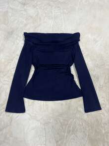Women's Solid Color Minimalist Y2K Off-Shoulder Long Sleeve Top - Navy Blue - View 2